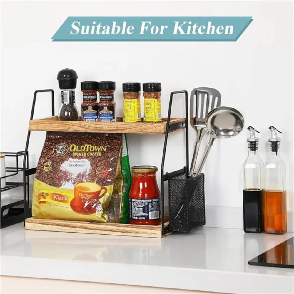 Bathroom Counter Organizer, 2-Tier Standing Storage Shelf with Basket, Wood